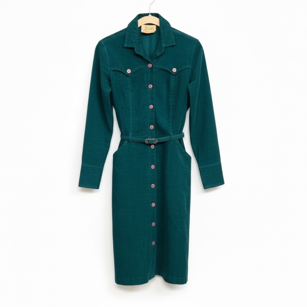 Vintage 1970’s J. Lan Fashion Fine Corduroy Button-Up Dress in Dark Teal